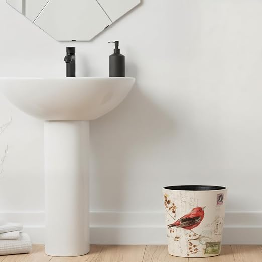 PU Leather Small Trash Can Wastebasket Round Garbage Container Basket for Bathrooms Laundry Room Kitchens Offices Kids Rooms BedroomsDormsHome Decorative Art Bin 2.9 Gallon(Bird Design)