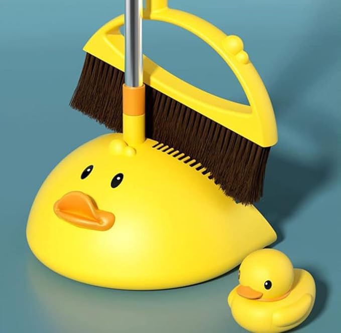 Cute Duck Cleaning Broom and Dustpan Set with Long Handle Stand Up Broom and Dustpan for Home Kitchen Room Office Outdoor Indoor (Yellow)