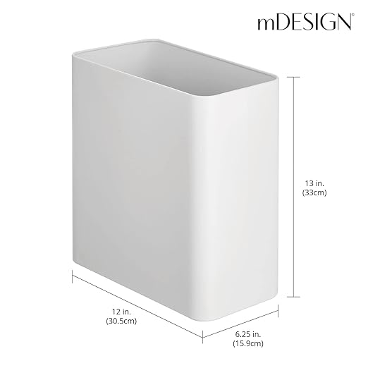 mDesign Stainless Steel Slim Rectangular Modern Metal 2.6 Gallon Trash Can Wastebasket White