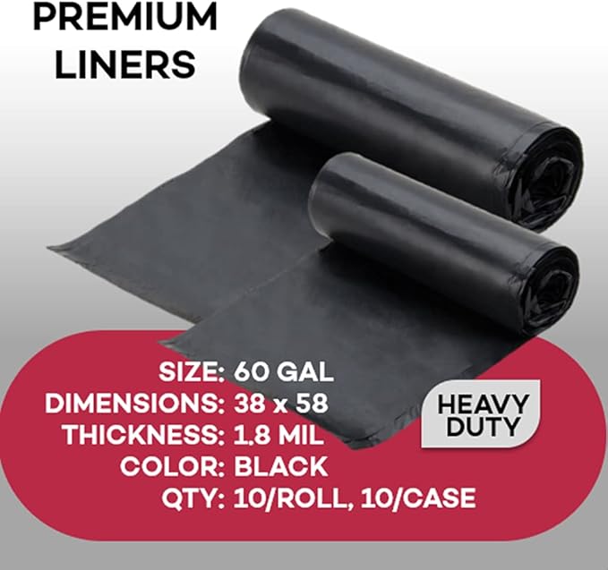 Dealmed Trash Bag - Heavy Duty Made in USA 60 Gallon 1.8 Mil Black - 10/Roll 10/Case