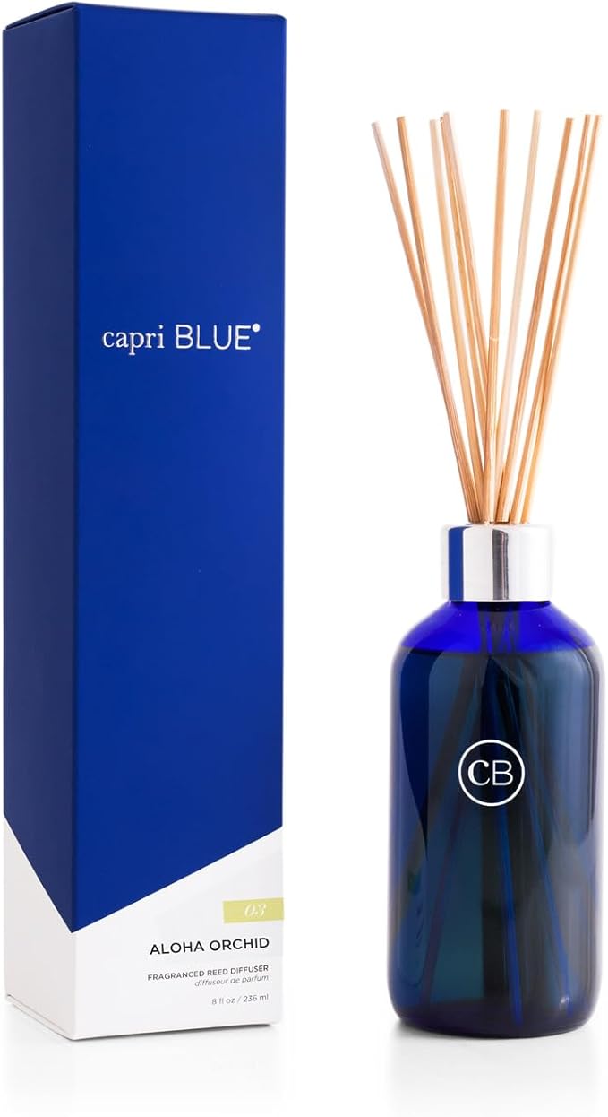 Capri Blue Aloha Orchid Reed Diffuser Set - Includes Reed Diffuser Sticks Fragrance Oil and Glass Bottle - Luxury Scented Room Fresheners - Cobalt Blue (8 fl oz)