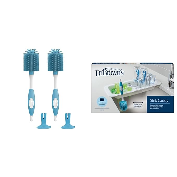 Dr. Brown's Soft Touch Baby Bottle Cleaning Brush Blue 2-Pack + Dr. Brown's Sink Caddy Over The Sink Kitchen Storage Baby Bottle Drying Rack and Organizer BPA-Free