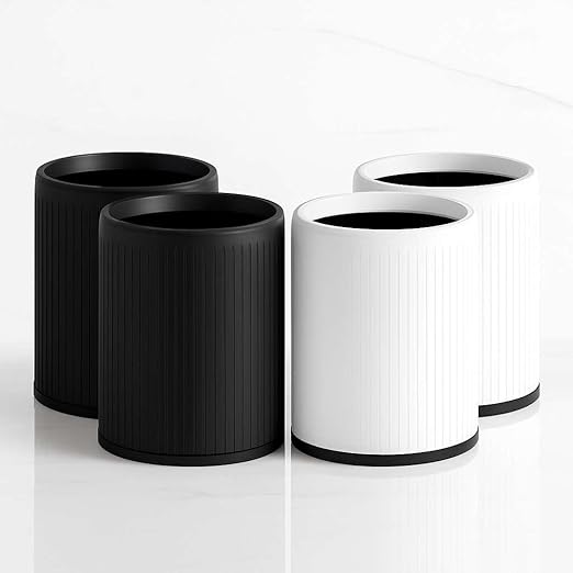 4 Pack - 4 Gallon White &amp Black Plastic Trash Can/Small Indoor Wastebasket Round Polyethylene Bin for Office Hotel Home School
