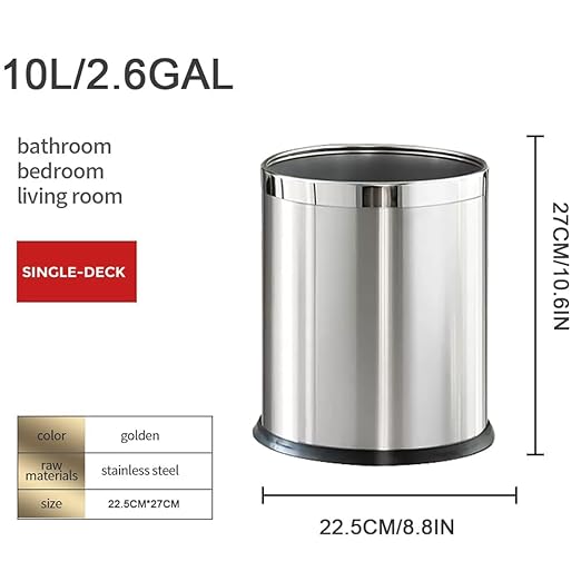 2.6Gallon/10LStainless Steel Bathroom Trash CanChrome Trash CanSilver Garbage Can for OfficeWastebasket for HotelOfficeStoreMetal Trash bin Without lid (Silver)