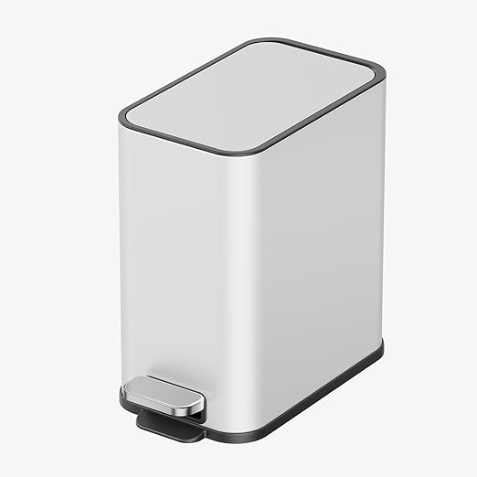 Small Bathroom Trash Can with Lid Soft Close 1.3 Gallon Garbage Can Step Pedal Stainless Steel Wastebasket Slim Trash Bin for Office Bedroom Toilet Live Room (White)