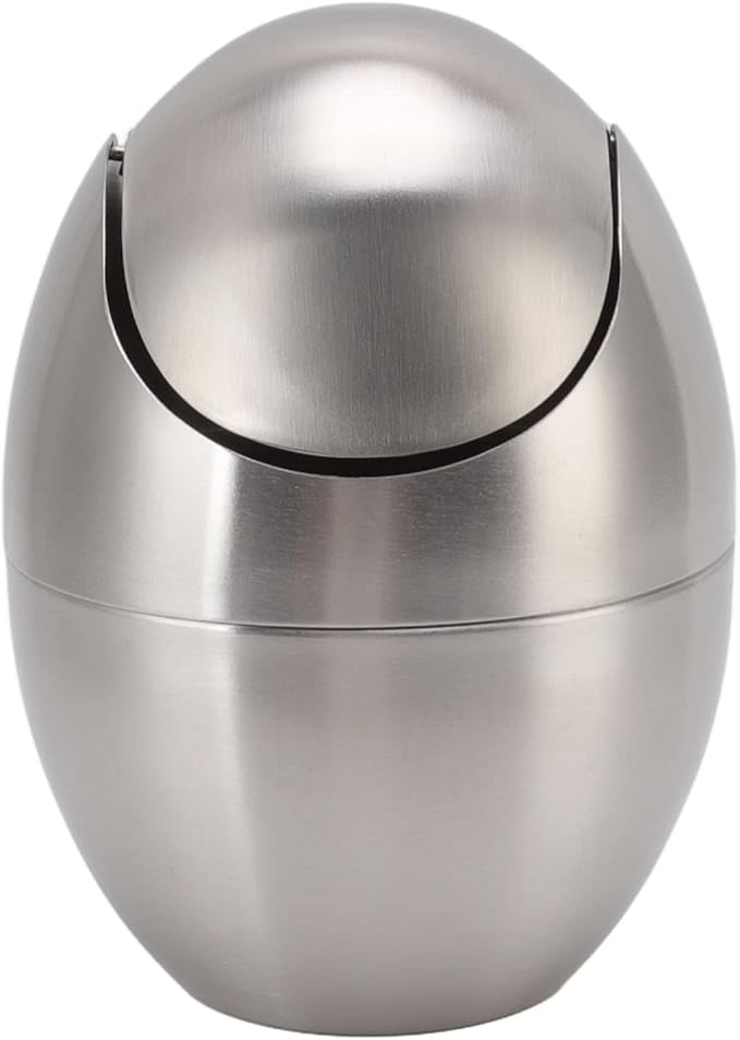 Tyenaza Mini Trash Can Egg-Shaped Stainless Steel Countertop Garbage Bin Mini Desk Can with Swing Lid for Office Desk Coffee Table Vanity Tabletop Bedroom