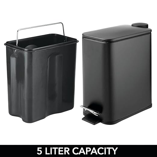 mDesign Slim Metal Rectangle 1.3 Gallon/5 Liter Trash Can with Step Pedal Easy-Close Lid Removable Liner - Narrow Wastebasket Garbage Container Bin for Bathroom Bedroom Kitchen - Black