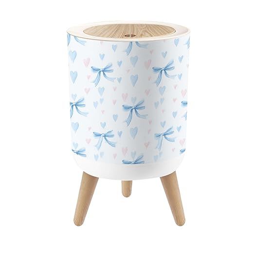 Bathroom Trash Can with Lid Blue Coquette Ribbon Bow Seamless White Soft Girl Aesthetic Repeat Garbage Bin Waste Basket for Kitchen Office Bedroom Decoration Diaper Pail 1.8 Gallon