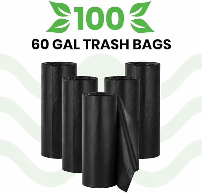 Easy Grab Trash Bags 55-60 Gallon (100 Count) - Super High Density Rolls (Heavy Duty Can Liners Garbage Bags Bulk Contractor Bags with 50 55 60 Gallon Capacity) (Black)