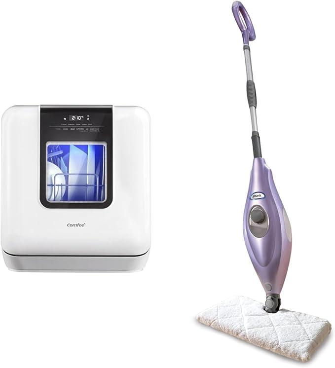 COMFEE' Countertop Dishwasher &amp Shark S3501 Steam Pocket Mop Hard Floor Cleaner With Rectangle Head and 2 Washable Pads Easy Maneuvering Quick Drying Soft-Grip Handle and Powerful Steam Purpl