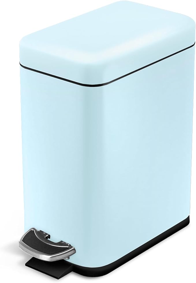 Home Zone Living 1.3 Gallon Small Bathroom Trash Can with Lid and Step Pedal Stainless Steel Wastebasket with Slim Design for Home and Office Matte Powder Blue 5 Liters