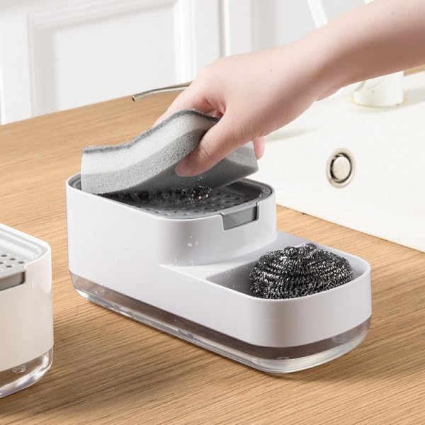 4 in 1 Kitchen Dish Soap Dispenser and Sponge Holder Set for Kitchen Sink with Soap Dispensing Dish Brush Sink Tray Scrub Sponge Replacement Brush Heads