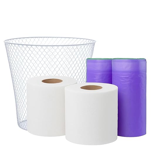 (1) White Waste Basket 9in Mesh Trash Round Garbage Can Bin (2) Toilet Paper Rolls w/ (2) Purple Trash Bags Wastebasket Home Office Bedroom Bathroom Kitchen Workspace Compact