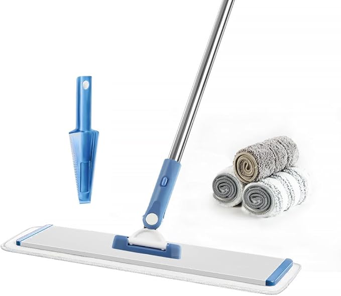 CQT Commercial Flat Microfiber Floor Mop Cleaning System 18 Inch Wet Dry and Dust Hardwood with 4 Washable Pads Cleaner for Laminate Tile Stainless Steel Handle and Extension (PT13-Blue)