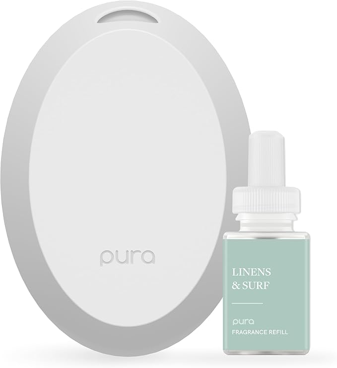 Pura Mini Smart Fragrance Diffuser for Small Spaces Adjustable Smart Home Device with LED Light &amp Automatic Vial Detection - Includes 1 Scent Refill Linens &amp Surf