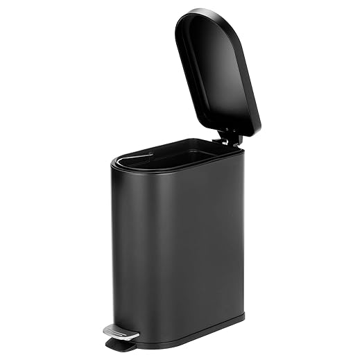 mDesign Small 2.6 Gallon/10 Liter Stainless Steel Metal Step Trash Can Garbage Bin for Bathroom Bedroom Home Office D-Shape Trashcan with Foot Pedal/Lid Removable Liner Bucket with Handles Black