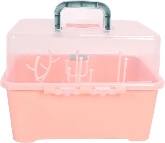 SUNGOOYUE Baby Bottle Drying Rack Portable PP Nursing Bottle Storage Box with Detachable Drain Feeding Bibs for Home Travel Bib (Implicit Pink) SUNGOOYUEpofvukabs8-12