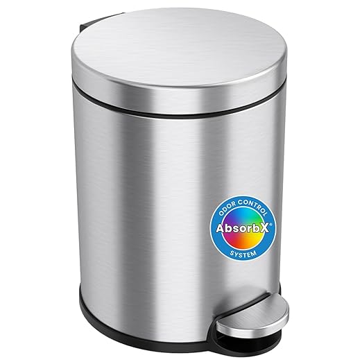 iTouchless SoftStep 1.3 Gallon Small Round Bathroom Step Trash Can with Removable Inner Bucket and AbsorbX Odor Filter Stainless Steel 5 Liter Pedal Garbage Bin for Bedroom