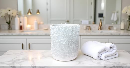 Decorative Trash Can Elegant Resin Carved Waste Basket 8x10 Trash Bin Decor Rose Floral Garbage Can for Office BathroomBedroomLivingroom 8L/2.2Gallon(White)