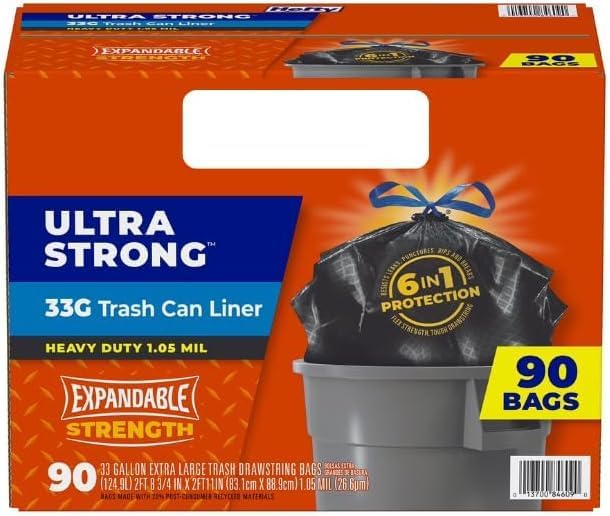 Ultra Strong 33 Gallon Trash Bags – Heavy Duty Tear-Resistant Garbage Liners (90 Pack)