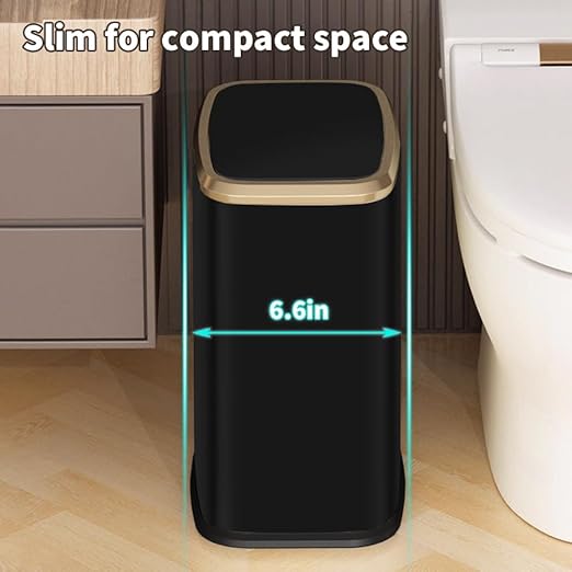2 Gallon Small Office Bathroom Trash Can with Swing LidLiving Room Bedroom Garbage can Wastebasket binInner Bucket Metal Decor Trash Can (Black Gold)