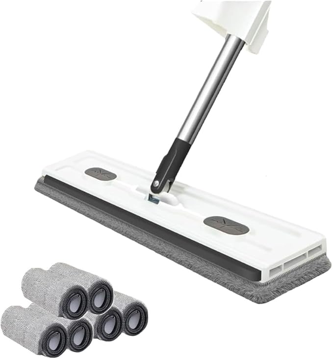 Large Flat Mop Portable Mop 50 Inch Washable Reusable Microfiber Pads (White 6Mop)