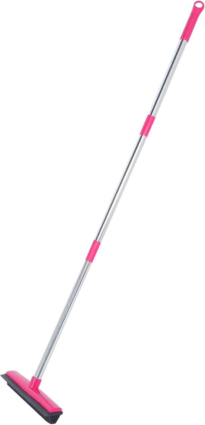 Pet Hair Remover Carpet Rake for Pet Hair Removal 2 in 1 Removal Tool of Rubber Broom and Squeegee for Floor Length Adjustable Push Broom Pet Dog and Cat Hair Remover (Pink)