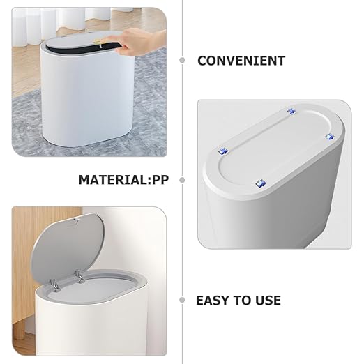 8l Large Capacity Trash Can with Press Lid Grey-White Plastic Wastebasket for Bathroom Kitchen Bedroom Narrow Space Use