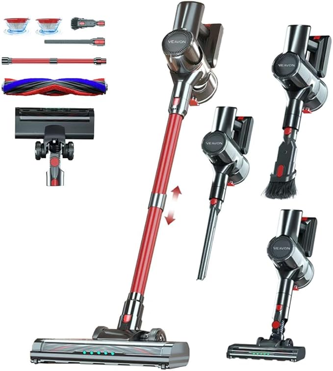 43KPa Cordless Vacuum | 300W 6-in-1 Lightweight with Crevice Tool | 3 Speeds &amp 45min LED Display | Green Light Dust Detection for Dark Areas | Handheld Car Vacuum Accessory VEAVON