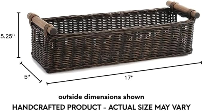 The Basket Lady Long Narrow Pole Handle Wicker Basket Small 17 in L x 5 in W x 5.25 in H Antique Walnut Brown