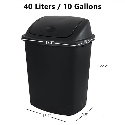 Yuright 40 L / 10 Gallon Swing Lid Trash Bins 4 Pack Large Plastic Garbage Cans Black