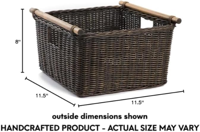 The Basket Lady Deep Pole Handle Wicker Storage Basket Small 11.5 in L x 11.5 in W x 8 in H Antique Walnut Brown