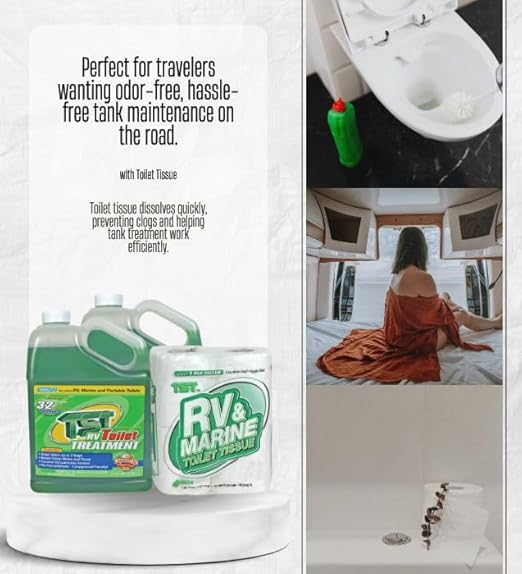 Camco TST Tank Treatment 1 pk Bundle with Toilet Tissue – Breaks Down Waste Controls Odor for Up to 7 Days and Treats Up to 40-Gallon RV or Marine Tanks – Gift Set (3 Items).