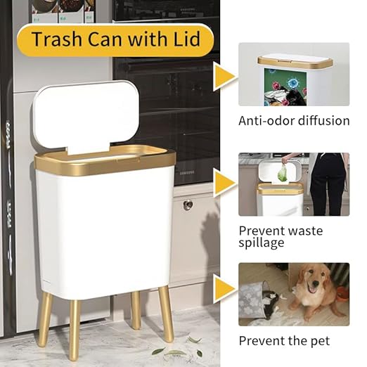 Procade Bathroom Trash Can with Lid Plastic Garbage Can with Legs 4 Gallon Gold Trash Bin with Push Button Narrow White Trash Can Waste Basket for Bedroom Living RoomOfficeDog Proof Trash Bin