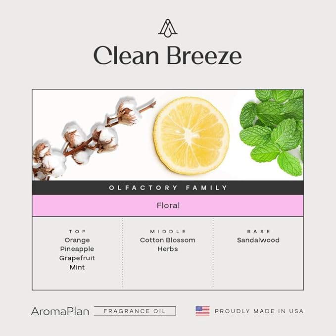 AromaPlan Scents Clean Smelling Essential Oils Clean Breeze Inspired by D. (5 Fl Oz /148ml)-Fresh Scent Essential Oil for Diffuser USA Fragrance Bigger Bottle Bolder Aroma &amp Longer Lasting