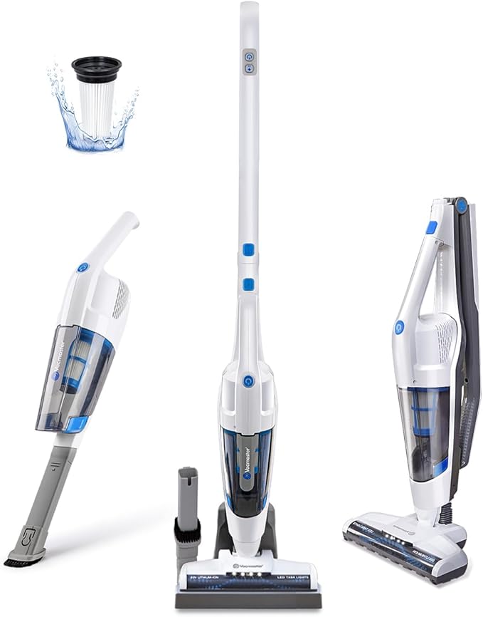 Vacmaster VSD1801 Cordless Handheld &amp Stick Vacuum Cleaner 2 in 1 Rechargeable Li-ion Battery Powerful Lightweight for Hardwood Floor Carpet and Pet Hair White