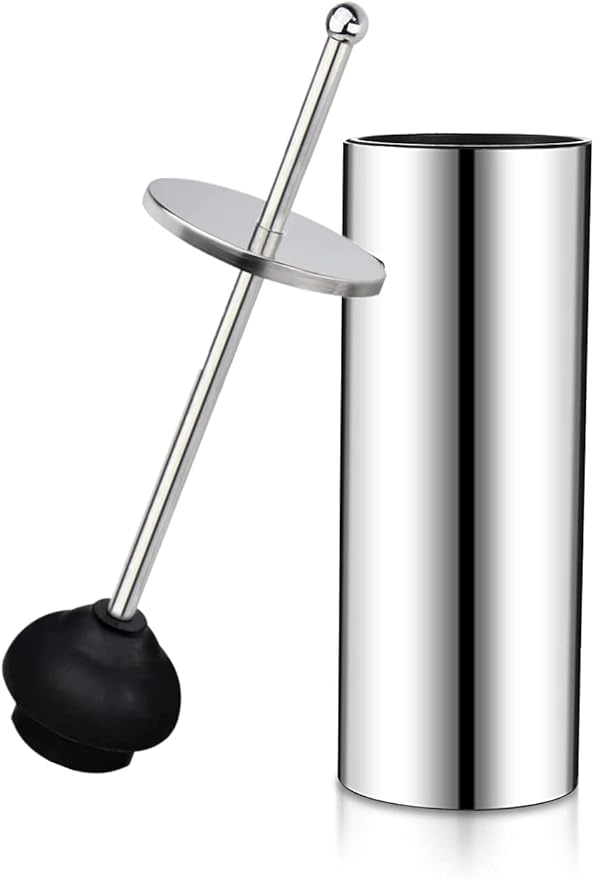 Chrome Toilet Plunger with Holder Bathroom Metal Canister Holder Drip Cup Heavy Duty Deep Cleaning Silver