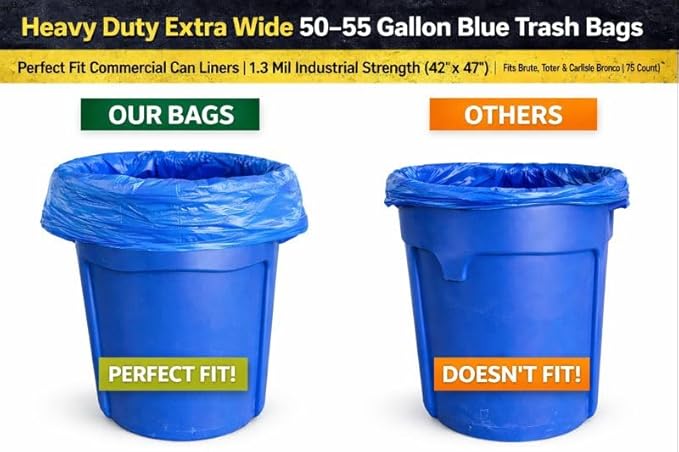 Heavy Duty Extra Wide 50–55 Gallon Blue Trash Bags — Perfect Fit Commercial Can Liners | 1.3 Mil Industrial Strength (42” x 47”) | Fits Rubbermaid Brute Toter &amp Carlisle Bronco | 75 Count