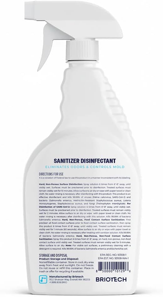 BRIOTECH Sanitizer Disinfectant Hypochlorous Spray Kill 99.99% of Viruses &amp Bacteria Control Mold Eliminate Odor Gentle for Nursery &amp Play Rooms Food Contact Surface Sanitizer 32 fl oz (