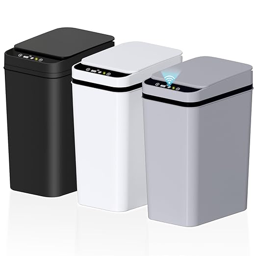 3Pack Bathroom Small Trash Can with Lid 2.6 Gallon Touchless Automatic Garbage Can Slim Waterproof Motion Sensor Smart Trash Bin for Bedroom Office Living Room White/Black/Grey
