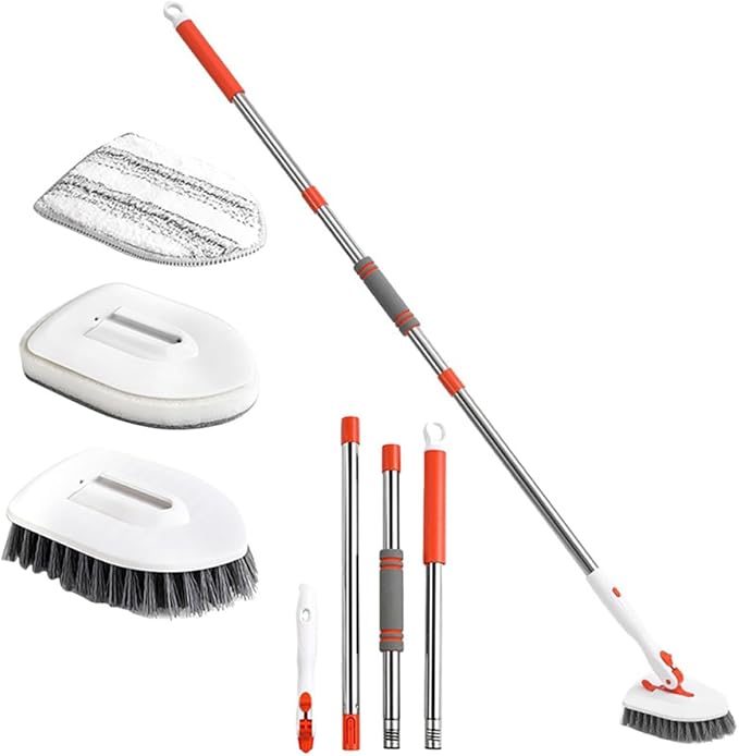 Luxshiny Shower Scrub Brush and Grout Brush Set with Long Handle Hard Bristle and Fiber Cloth Cleaning Kit for Bathroom Floor Tile Tub and Shower Cleaning