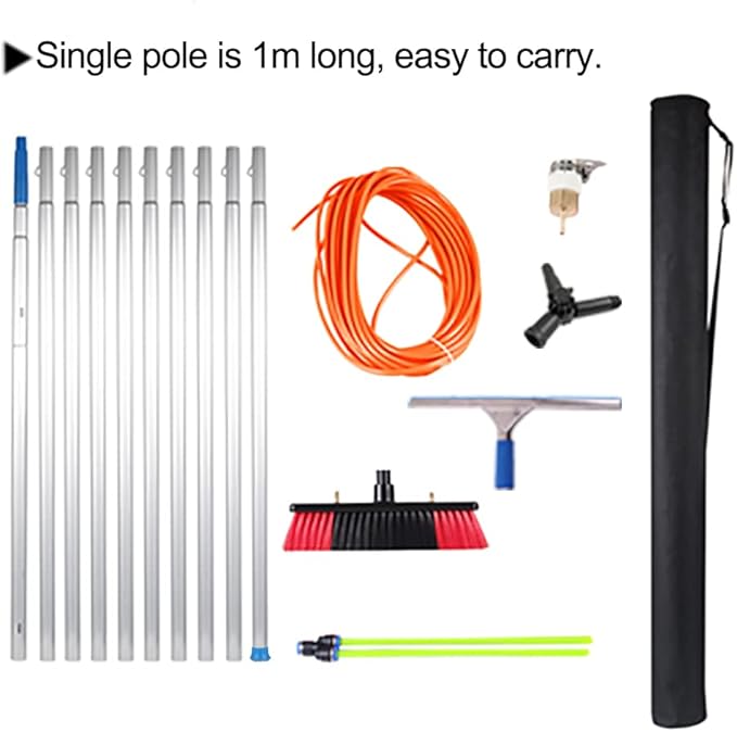Cleaning Kit with 32 Foot Extension Pole Water Fed Telescopic Cleaner Brush with Squeegee Window Cleaning Water Fed Poles Solar Panel Cleaner / 10m Pole / 30cm Brush H