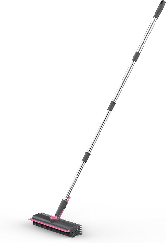 AIR U+ Floor Scrub Brush with Long Handle 3 in 1 Scrape and Heavy-Duty Stiff Bristle Scrubber Brush for Cleaning Shower Bathroom Patio Pool Garage Kitchen Wall and Deck Gray and Pink