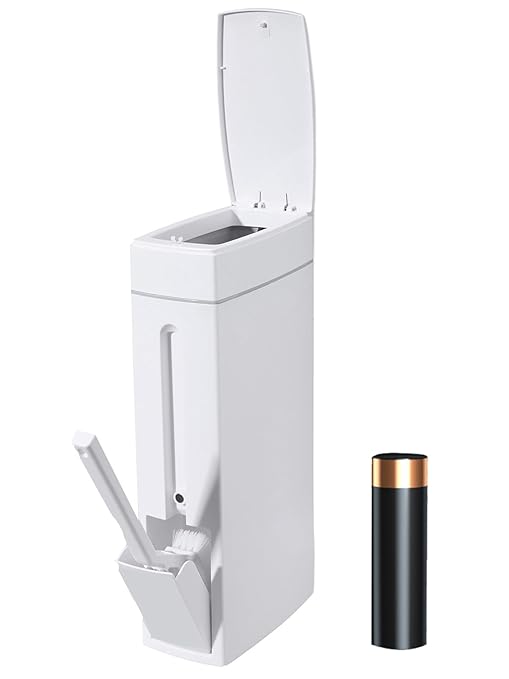 Slim Bathroom Trash CanBathroom Trash Can with Toilet Brush and Holder Set 4.5 Liter / 1.2 Gallon Press-Type Plastic Garbage Can Slim Rectangular Trash Bin for Toilet