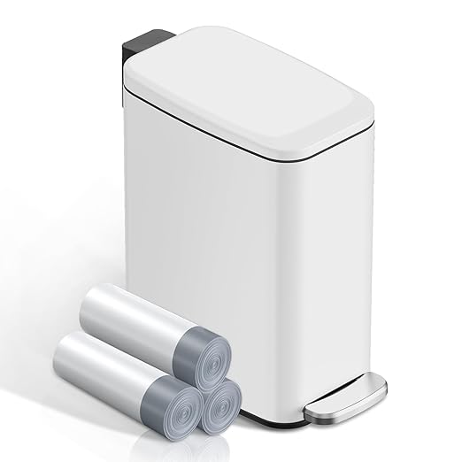 Small Bathroom Trash Can with Lid Soft Close Step Pedal 6L / 1.6 Gal Stainless Steel Garbage Bin with Removable Inner Bucket Slim Wastebasket for Narrow Spaces (White)
