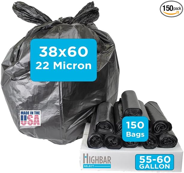 Large Black Trash Bags 55-60 Gallon Heavy Duty 150 Count High Density 22 Micron 38 x 60 Ideal for Schools Janitorial Bathrooms