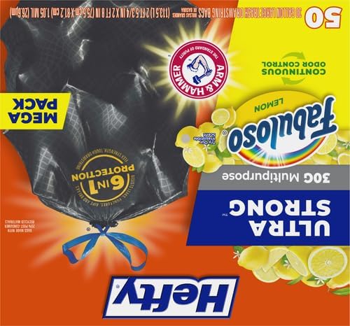 Hefty Ultra Strong 30 Gallon Trash Bags Large Size Multipurpose Break Resistant Drawstring Closure Resists Leaks Punctures and Tears Black Fabuloso Lemon Scent 50 Bags (Pack of 3)