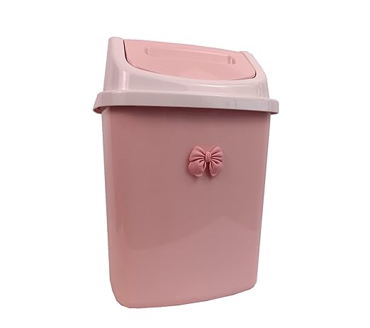 Pink Swing Lid Trash Can with Bow Decoration – Small Waste Bin for Bathroom Bedroom Office or Vanity – Compact Plastic Garbage Can with Smooth-Opening Lid (1 8L)