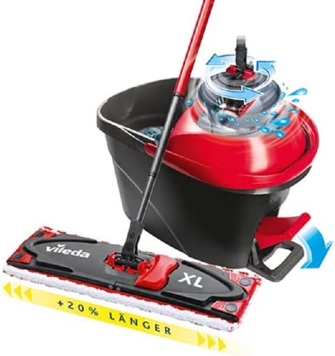 Vileda Ultramax Turbo XL Set XL Floor Mop with Telescopic Handle for Large Surfaces Microfibre Mop Cover Bucket with Spinner for All Hard Floors Love It Clean Eco Packaging