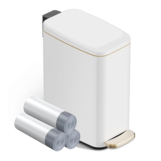 Small Bathroom Trash Can with Lid Soft Close Step Pedal 6L / 1.6 Gal Stainless Steel Garbage Bin with Removable Inner Bucket Slim Wastebasket for Narrow Spaces (White)